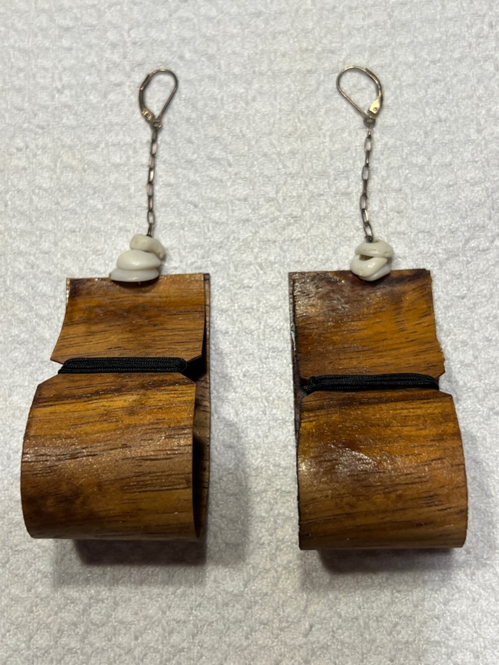Handcrafted koa wood Loop Drop sterling silver Earrings with puka shells